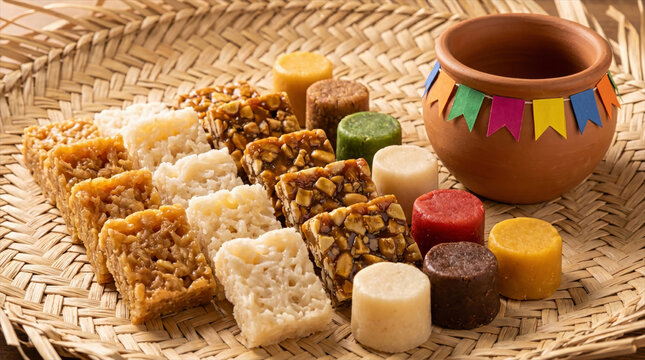 A variety of traditional Brazilian sweets from the Festa Junina (June Festival), served in clay pots on straw mats.