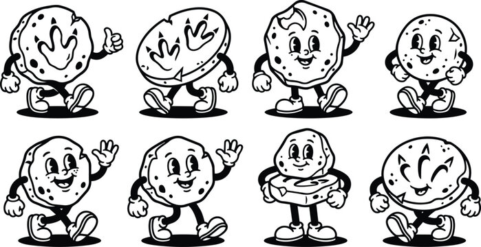 Eight cartoon coin characters with faces and sneakers in black and white