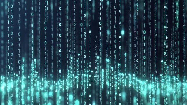 Glowing binary digits in vertical streams in digital style on dark backdrop, symbolizing data and cyber technology
