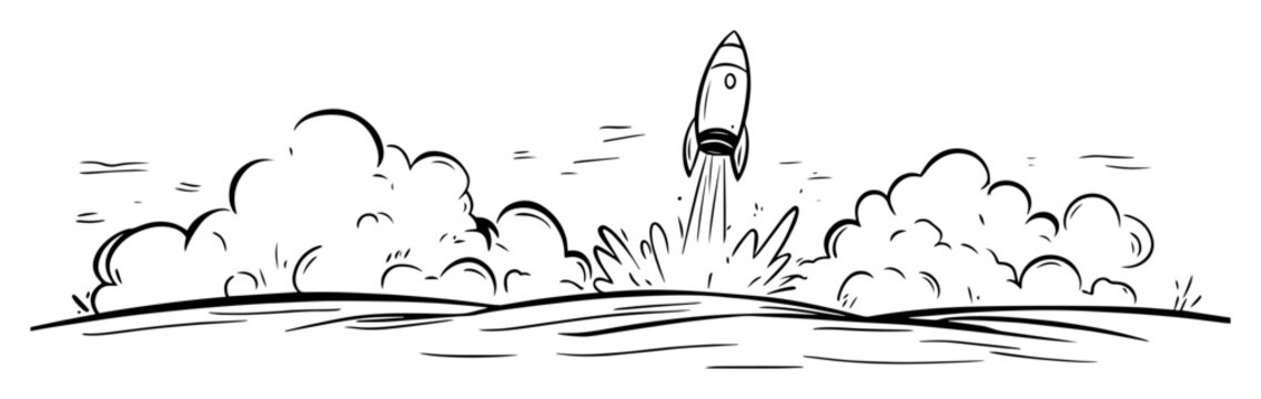 rocket launch with smoke cartoon sketch