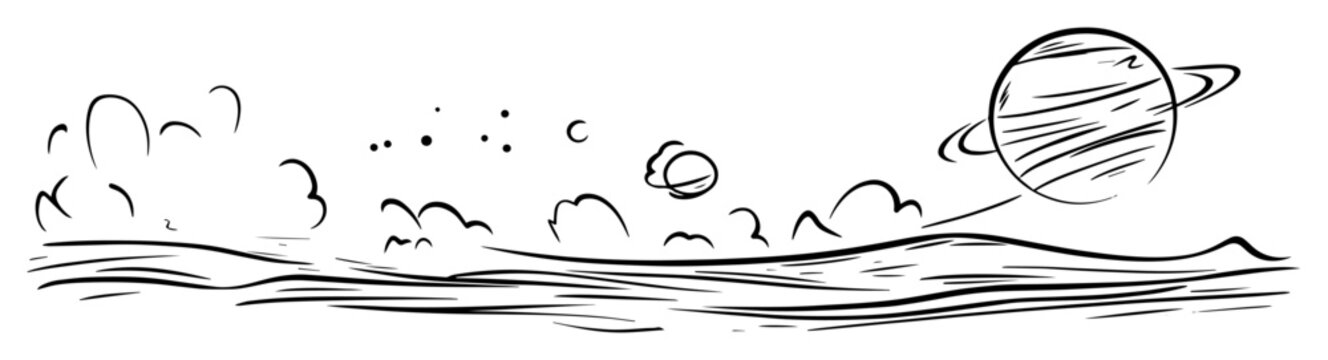 planet with rings above horizon line art