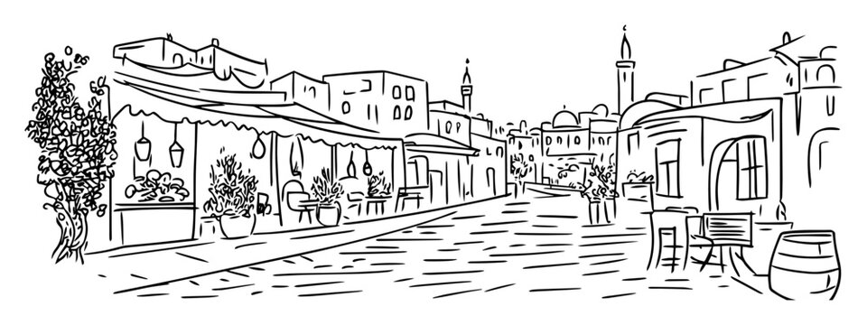 middle eastern old town street market drawing