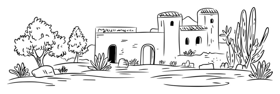 traditional adobe house in desert sketch