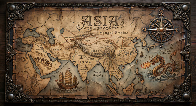 Vintage Antique Map of Asia with Silk Road, Sea Dragon, and Compass Rose on Old Parchment