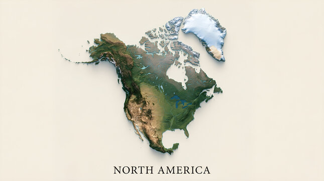 3D Topographical Relief Map of North America Continent with Terrain Elevation
