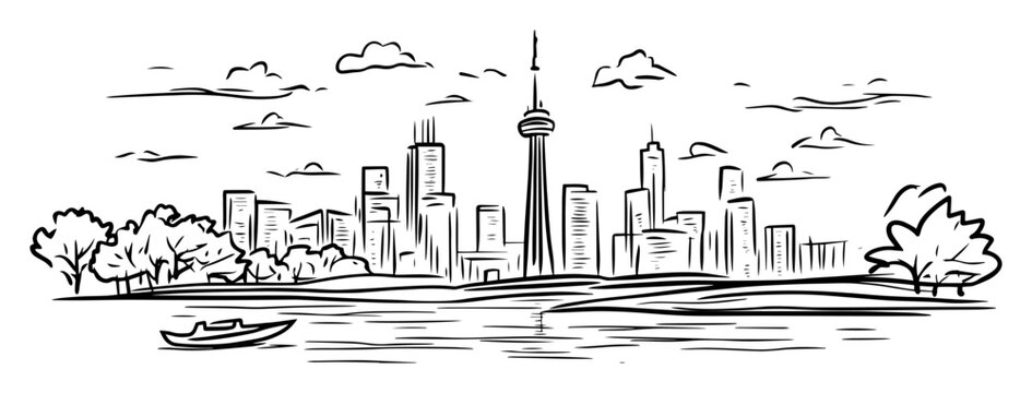 toronto skyline with cn tower by lake drawing
