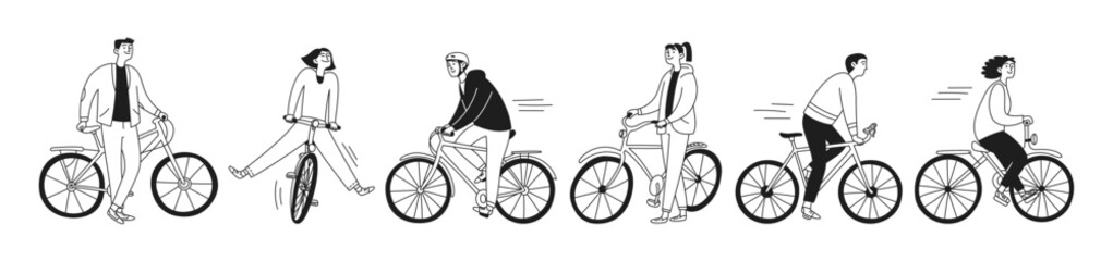Set of doodle people with bicycles. Man and woman riding a bicycle. Vector isolated illustration. © Olena