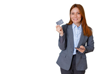 Fototapeta premium Businesswoman holding credit card and mobile phone, offering digital payment solutions for online shopping and finance, transparent background