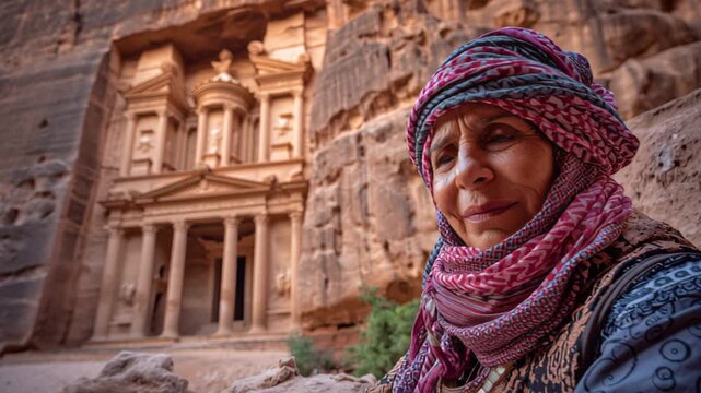 Close-up footage of a Bedouin woman wearing traditional headscarf with the carved Al-Khazneh Treasury in the background at Petra, Ma'an Governorate, Jordan