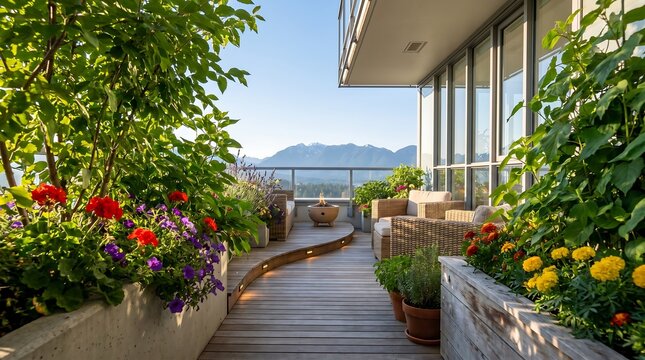 Stunning modern apartment balcony transformed into a vibrant urban garden oasis with lush plants, colorful flowers, and breathtaking mountain views