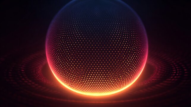 Intricate digital sphere pattern with glowing orange and blue particles, radiating light and energy against a dark, atmospheric backdrop.