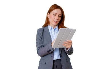 Fototapeta premium Businesswoman actively working on a digital tablet, managing tasks and accessing information, standing on transparent background