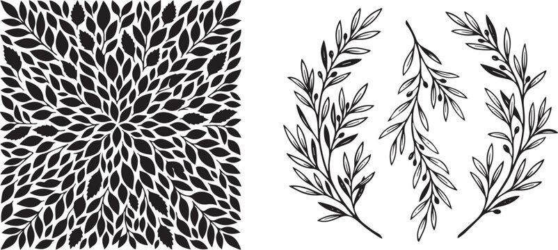 Black and white vector illustration collection featuring a dense leaf pattern block and olive branch wreaths isolated on a white background