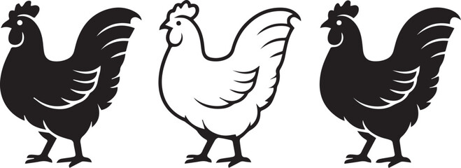 Fototapeta premium Black and white chicken and rooster silhouettes on white background for farm or animal designs