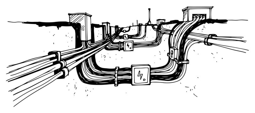 Underground Utility Cables And Conduits Network Infrastructure Cross Section Black And White Vector Illustration