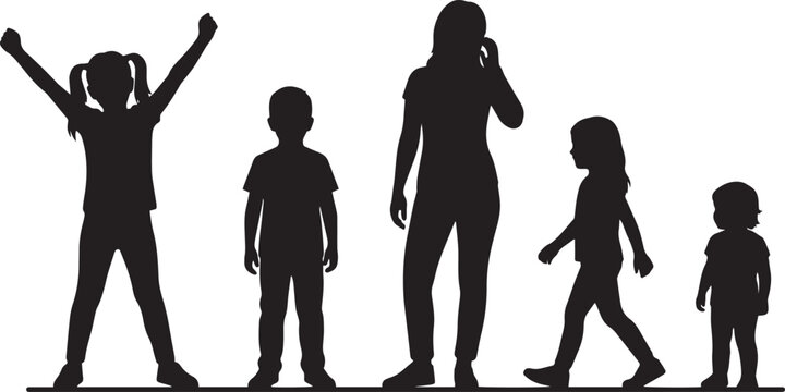 Silhouette of mother talking on phone standing with her four children including a cheering girl boy walking daughter and toddler