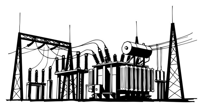 Electrical substation with power transformers and high voltage switchgear &mdash; black and white vector illustration