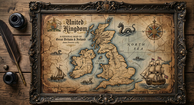 Vintage Antique Map of the United Kingdom and Ireland on Old Parchment with Sea Monster, Ships, and Quill