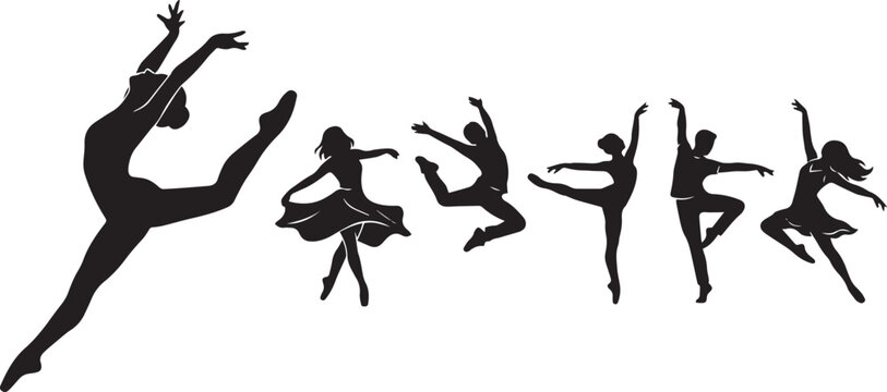 Vector illustration collection of dynamic dancer silhouettes featuring ballet contemporary jump and jazz dancing poses isolated on a plain white background