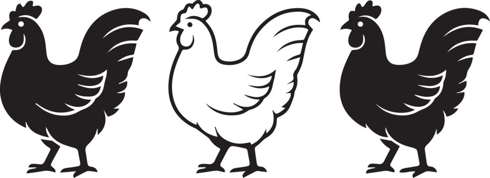 Black and white chicken and rooster silhouettes on white background for farm or animal designs