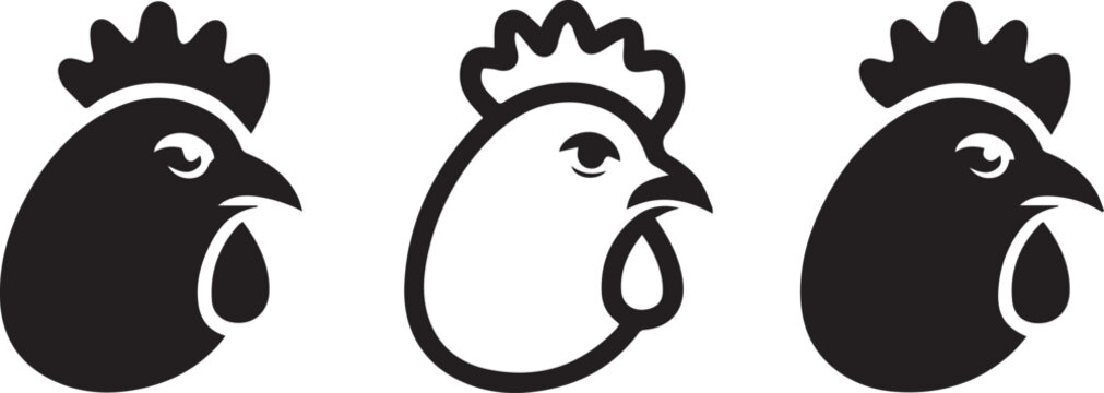 Black and white chicken head icons in different styles on isolated white background for design