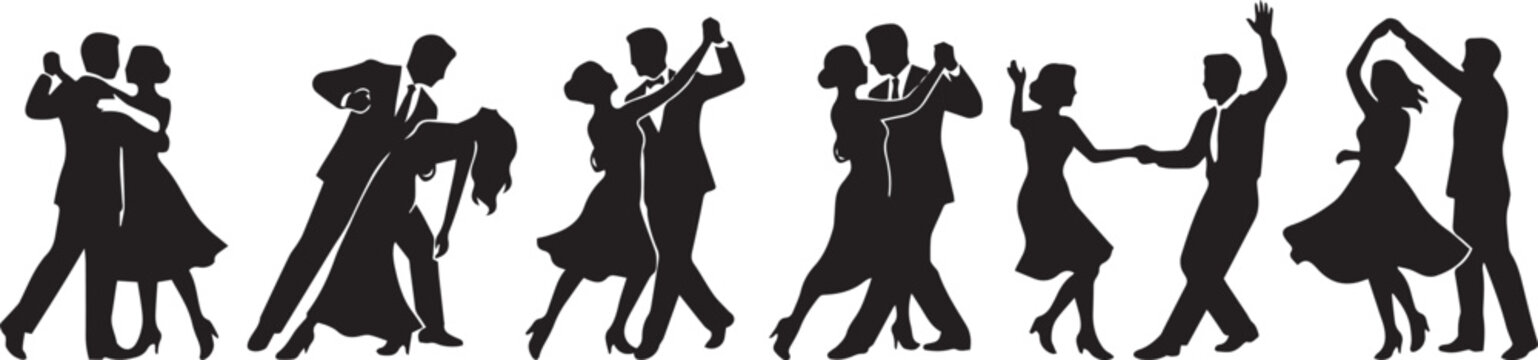 Vector illustration collection of ballroom dancing couple silhouettes featuring men and women in elegant classic dancing poses isolated on white background