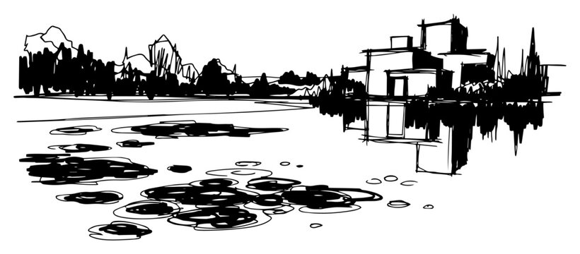 Polluted Lake With Oil Slicks Near Town Environmental Contamination Monochrome Ink Sketch Vector