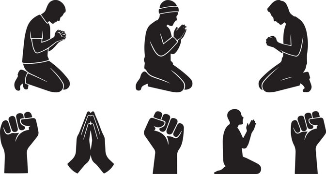 Vector illustration collection of kneeling man praying silhouettes clenched fists and namaste hands signs isolated on white background for design