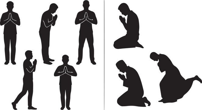 Vector illustration collection of man praying silhouettes in standing kneeling and bowing positions isolated on a plain white background for design