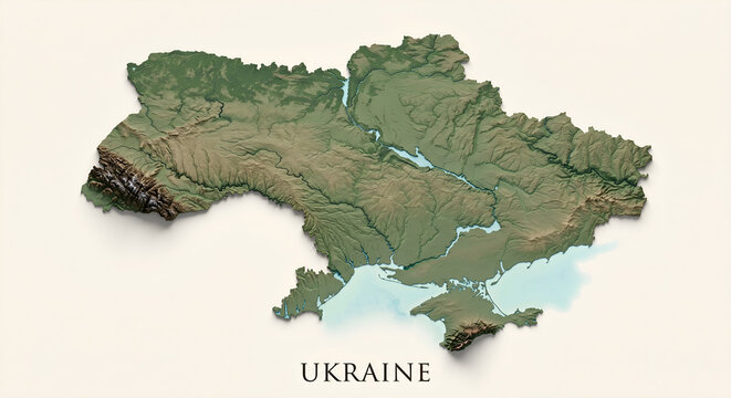 3D Topographical Relief Map of Ukraine with Terrain Elevation and Mountains