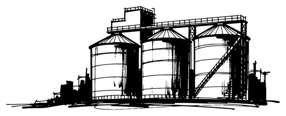 Grain Silos And Industrial Storage Tanks With Staircase Monochrome Ink Sketch Vector © Mago