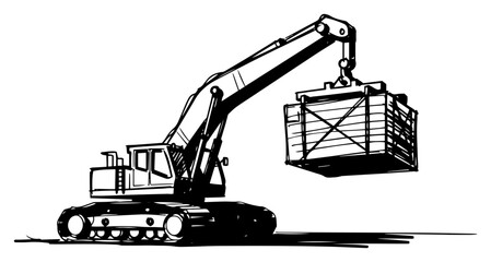 Crawler Excavator Lifting Heavy Crate Construction Site Black And White Vector Illustration © Mago