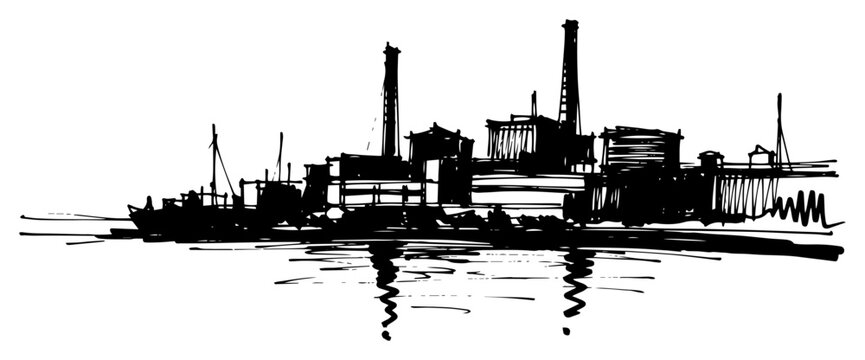 Industrial Seaport Skyline With Refineries And Cranes Black And White Vector Illustration