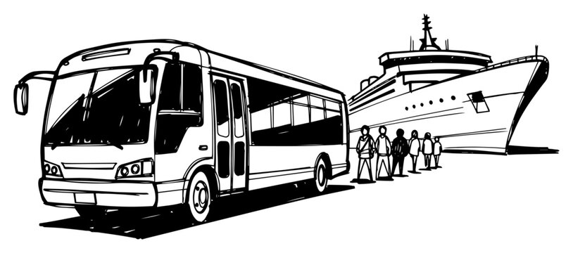 Shuttle Bus Transporting Passengers To Cruise Ship At Port Black And White Vector Illustration