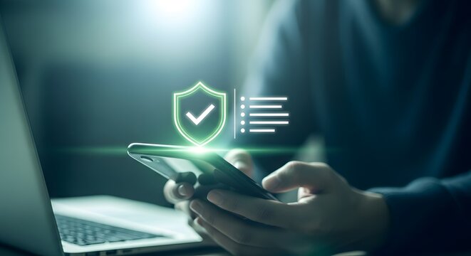 Mobile security concept hands holding phone with shield and checkmark