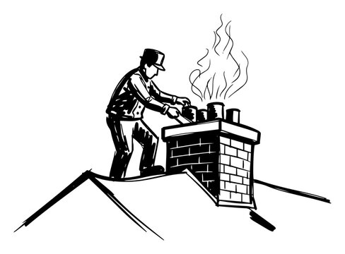Chimney sweep cleaning rooftop fireplace flue &mdash; black and white vintage vector drawing