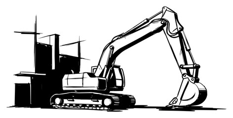 Crawler Excavator At Construction Site Heavy Equipment Monochrome Ink Sketch Vector © Mago