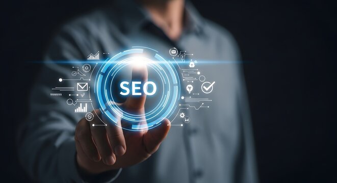 Seo optimization concept man interacting with digital interface