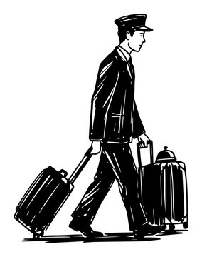 Hotel porter walking with suitcases &mdash; black and white vintage style vector drawing