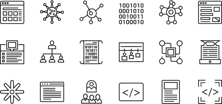 Technology and Software Development Icon Set Featuring Network Connectivity, Coding, Data Structure, Binary System, and Digital Interface Symbols for Applications