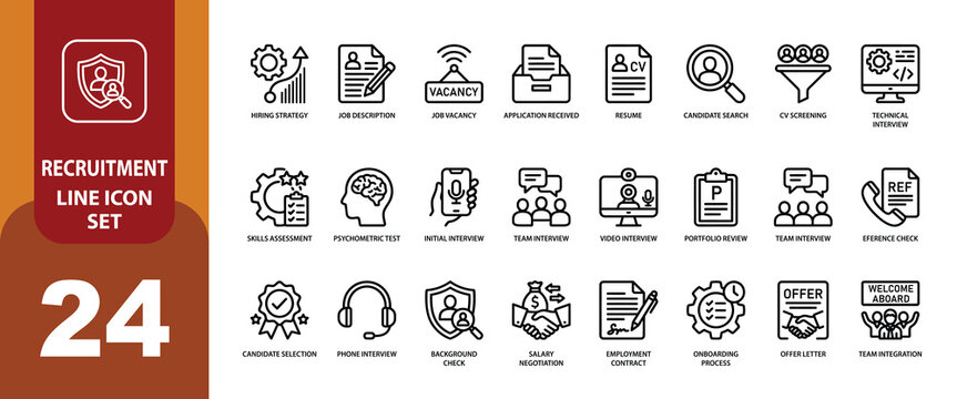 Recruitment line icon set vector illustration 24 hr icons for hiring interviews onboarding
