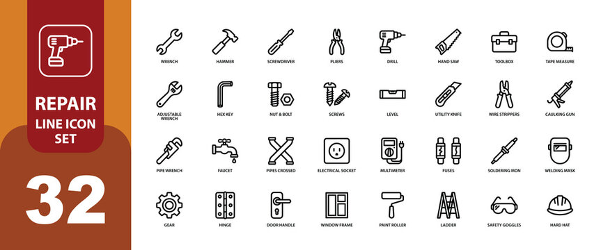 Repair line icon set vector illustration of 32 essential tools and equipment