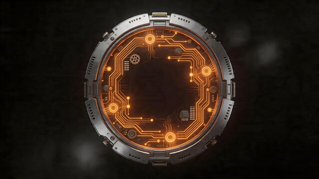 Circular circuit board with glowing orange lines
