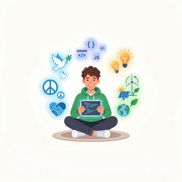 Flat vector illustration of a young male programmer using a digital tablet, surrounded by clean energy, green ecology, and world peace icons.