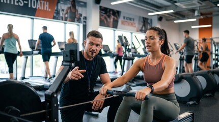 Fototapeta premium Fit Trainer Instructing Woman Performing Rowing Machine Exercise in a Modern Gymnasium Setting
