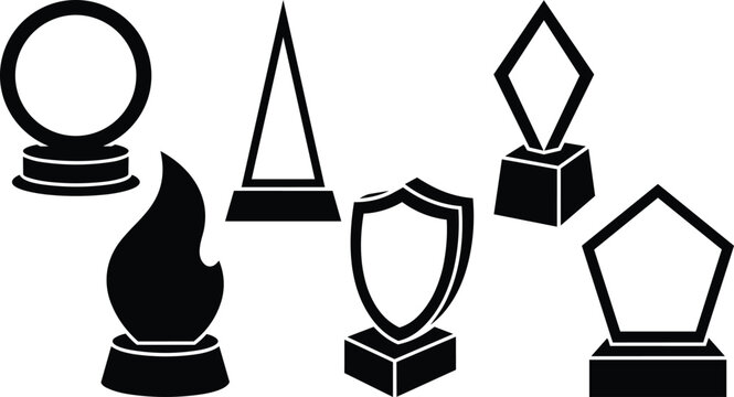 Vector icons of trophy awards and symbols in black silhouette on white background