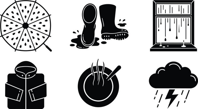 Vector icons set featuring watermelon slice, muddy boots, rain window, coat, steaming cup, and thunder cloud