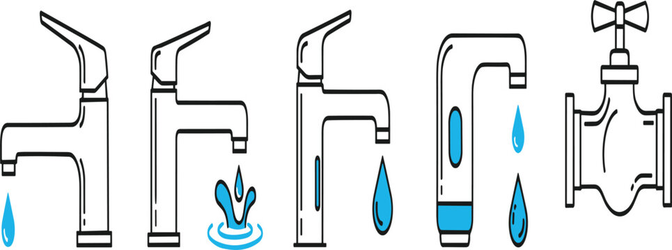 Water Faucet and Plumbing Icon Set Featuring Modern Tap Designs, Water Flow Symbols, Valve Systems, and Sanitary Equipment Illustrations