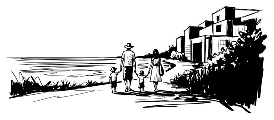 Obraz premium Family Walking on a Seaside Promenade - Hand Drawn Vector Illustration
