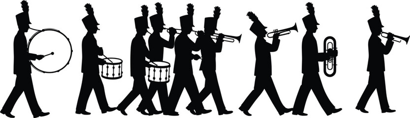 Marching Band Silhouettes with Musicians Playing Drums and Brass Instruments in Parade Formation Isolated Background © MdAbdullahAl